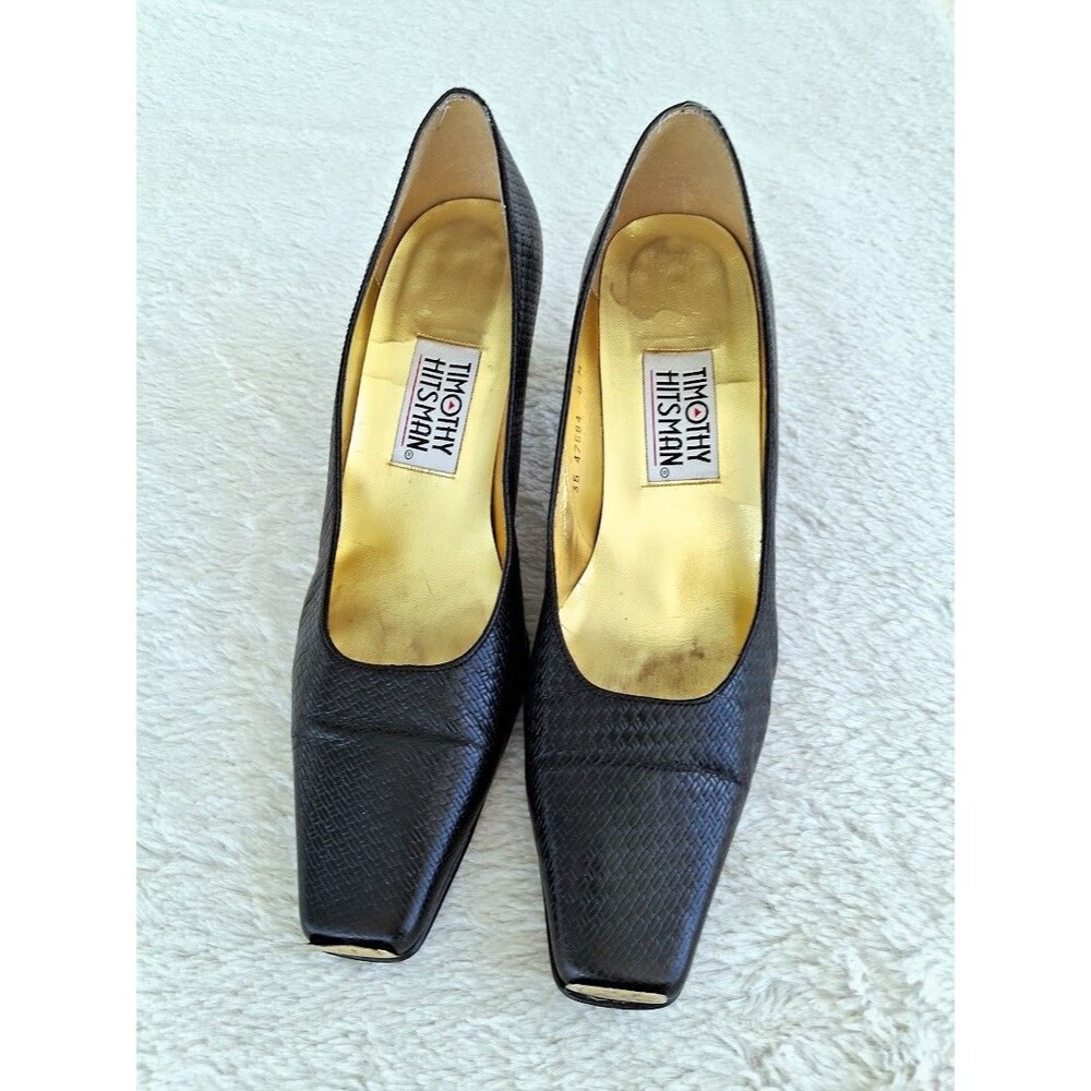 Vintage 90s Timothy Hitsman Black Gold Square Toe Pumps 8M Made in Spain